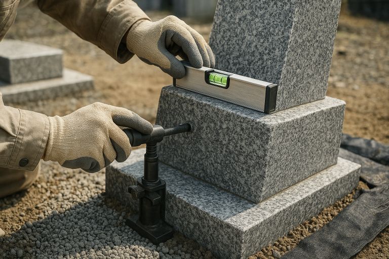 職人が水平器で墓石の傾きを修正する様子