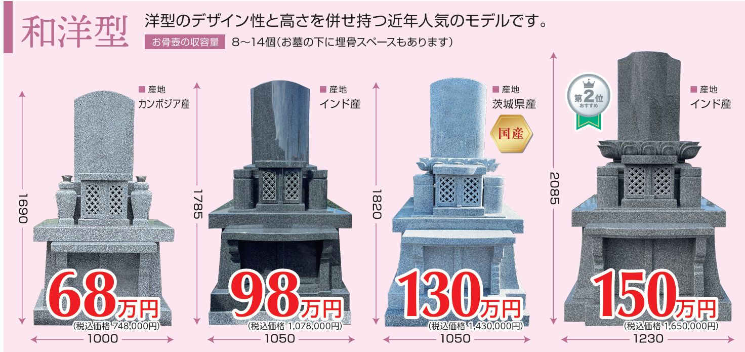 和洋型墓石ラインナップ｜68万円〜150万円｜近年人気のモデル