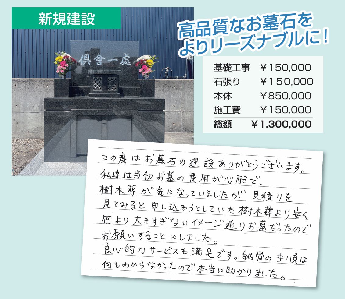 砺波市 W様 お墓の新規建設｜施工写真とお客様の手書きメッセージ